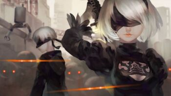 1boy 1girl 2b_(nier:automata) 9s_(nier:automata) black_dress black_jacket blindfold covered_eyes dress facing_viewer glowing glowing_eyes grey_hair highres jacket light_smile machine_(nier) nier:automata nier_(series) pod_(nier:automata) profile red_eyes robot satomatoma short_hair surrounded virtuous_contract