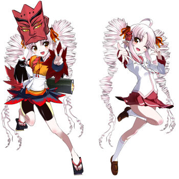 2girls :d ahoge bandaid bandaid_on_leg bike_shorts black_dress black_sandals black_shorts black_sleeves brown_shoes detached_sleeves dress drill_hair ehoumaki fang food full_body geta hair_ornament hair_ribbon hand_on_own_hip highres japanese_clothes kimono kimono_dress kneehighs loafers long_hair long_sleeves makizushi mask mask_on_head miniskirt multiple_girls multiple_persona necktie official_art one_eye_closed onikko_hunter_tsuina-chan oohenri_saki open_mouth orange_dress orange_eyes outstretched_arm parted_bangs pointy_ears red_dress red_mask red_sailor_collar red_skirt red_sleeves ribbon sailor_collar sandals sash school_uniform second-party_source shirt shoes shorts simple_background skin_fang skirt smile socks standing standing_on_one_leg sushi tengu-geta tsuina-chan twin_drills v very_long_hair voiceroid white_background white_hair white_necktie white_sash white_shirt white_socks wide_sleeves