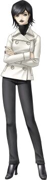 1girl black_hair black_pants black_sweater buttons coat crossed_arms double-breasted grey_eyes grey_lips grey_nails high_heels highres kazuma_kaneko official_art pants peacoat shin_megami_tensei shin_megami_tensei_iii:_nocturne solo standing sweater takao_yuko third-party_source transparent_background turtleneck turtleneck_sweater white_coat