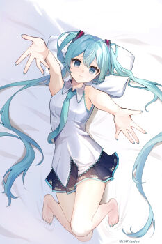 1girl aqua_eyes aqua_hair aqua_nails aqua_necktie aqua_trim black_skirt breasts closed_mouth collared_shirt fuyu_usagi hair_between_eyes hair_ornament hatsune_miku highres long_hair looking_at_viewer lying miniskirt necktie on_back pillow pleated_skirt reaching reaching_towards_viewer shirt skirt sleeveless sleeveless_shirt small_breasts solo twintails twitter_username very_long_hair vocaloid white_shirt
