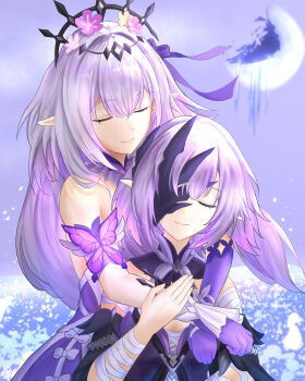 2girls absurdres bandaged_arm bandages bare_shoulders black_tiara castorice_(honkai:_star_rail) closed_eyes commentary_request flower gloves hair_flower hair_ornament hair_ribbon highres honkai:_star_rail honkai_(series) hug hug_from_behind long_hair multiple_girls outdoors pointy_ears polyxia_(honkai:_star_rail) purple_flower purple_gloves purple_hair purple_ribbon ribbon siblings sisters smile tiara upper_body uzura_(uzra_illust) very_long_hair wrist_cuffs