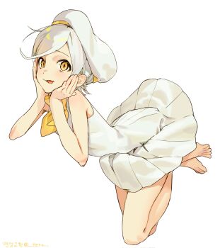 1girl :p bare_arms bare_legs bare_shoulders barefoot bow bowtie closed_mouth dress full_body grey_hair hands_on_own_face hat heto highres original parted_bangs short_hair simple_background sleeveless sleeveless_dress solo tongue tongue_out white_background white_dress white_hat yellow_bow yellow_bowtie yellow_eyes