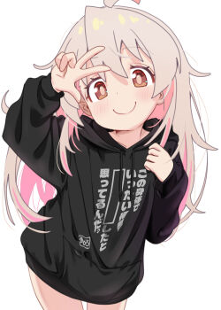 1girl absurdres ahoge arm_up black_hoodie blush brown_eyes child closed_mouth hair_between_eyes hand_up highres hood hoodie long_hair long_sleeves looking_at_viewer onii-chan_wa_oshimai! oyama_mahiro pink_hair shiina_excel simple_background smile solo standing thighs w
