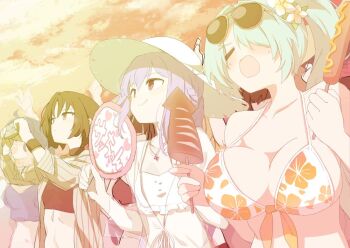 3girls atsuko_(blue_archive) atsuko_(swimsuit)_(blue_archive) bikini black_bikini black_hair blue_archive blue_hair breasts camera closed_eyes cloud evening eyewear_on_head floral_print flower food hair_flower hair_ornament hat hiyori_(blue_archive) hiyori_(swimsuit)_(blue_archive) holding holding_camera holding_food ikayaki large_breasts long_hair misaki_(blue_archive) misaki_(swimsuit)_(blue_archive) momiji_oroshi multiple_girls no_halo open_mouth outdoors purple_hair red_eyes sausage side_ponytail sky small_breasts smile sunglasses sweat swimsuit taking_picture white_bikini white_flower white_hat