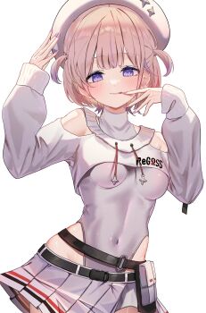 Rule 34 | 1girl, belt, belt pouch, beret, black belt, blonde hair, breasts, closed mouth, clothing cutout, commentary request, covered navel, cowboy shot, drawstring, hands up, hat, highres, hololive, hololive dev is, leotard, leotard under clothes, long sleeves, looking at viewer, miniskirt, multicolored hair, official alternate costume, pleated skirt, pouch, purple eyes, purple streaks, short hair, shoulder cutout, shrug (clothing), simple background, skirt, small breasts, solo, streaked hair, todoroki hajime, todoroki hajime (regloss uniform), two side up, uzuraa, virtual youtuber, white background, white hat, white leotard, white shrug, white skirt