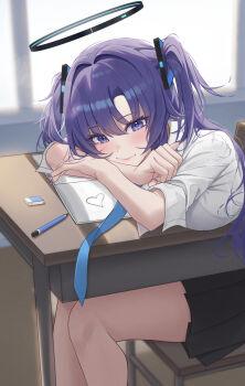 1girl black_skirt blue_archive blue_necktie blurry blurry_background blush classroom commentary desk eraser hair_ornament halo heart indoors light_smile long_hair looking_at_viewer mechanical_halo melt_(melt_out1) multicolored_eyes necktie notebook pencil pleated_skirt purple_eyes purple_hair school_desk shirt skirt table triangle_hair_ornament twintails two-tone_eyes white_shirt window yuuka_(blue_archive)