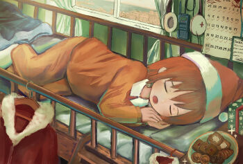 1girl absurdres bed box bunk_bed calendar_(object) christmas closed_eyes clothes_hanger cookie curtains english_text food fur-trimmed_headwear fur_trim gift gift_box hat highres indoors lying merry_christmas on_side open_mouth orange_pajamas original pajamas papers_drivers plate railing red_hair santa_hat sleeping socks solo unworn_clothes walkie-talkie window
