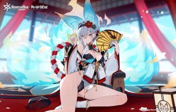 1girl animal_ears bare_legs blue_eyes blue_hair braid breasts character_request cleavage detached_sleeves falling_petals fox_ears fox_girl fox_tail hair_ornament hairband hand_fan highres holding holding_fan japanese_clothes medium_breasts official_art petals reverseblue_x_re-birthend siino tail wide_sleeves