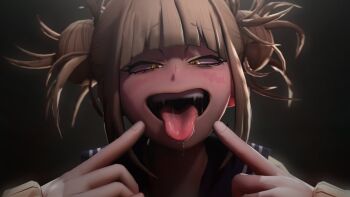 3d blonde_hair blush boku_no_hero_academia fangs greatm8 highres open_mouth oral_invitation saliva toga_himiko tongue yellow_eyes
