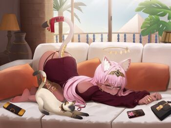 1girl :3 absurdres all_fours ancient_egyptian ancient_egyptian_clothes animal animal_ear_fluff animal_ears ass bag balcony bandaged_tail bare_legs bare_shoulders barefoot blunt_bangs blush butt_crack cat cat_ears cat_girl cat_stretch cat_tail cellphone circlet clothed_animal commission commissioner_upload couch cushion dark-skinned_female dark_skin earrings egyptian_art extra_ears feet feral_instincts fingernails full_body gem gold gold_earrings gold_hairband gold_nails gold_ring hair_ornament hairband halo handbag handheld_game_console headpiece highres indie_virtual_youtuber indoors isuress_(vtuber) jewelry lamp legs long_hair long_toenails looking_at_viewer multicolored_nails multiple_rings nail_polish off_shoulder on_couch ornate panties pharamacom phone pink_eyes pink_hair pink_tail plant playstation_portable pointy_ears potted_plant pyramid_(structure) railing ribbon ring ringed_eyes sharp_fingernails sharp_toenails siamese_cat sidelocks smartphone smile soles solo stretching tail tail_ornament tail_raised tail_ribbon tail_ring thick_thighs thighs thong tiara toe_ring toenail_polish toenails toes top-down_bottom-up triangle_earrings two-tone_nails underwear v-shaped_eyebrows vase virtual_youtuber wide_hips window yellow_nails