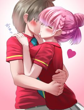 1boy 1girl black_hair blush bokutachi_wa_benkyou_ga_dekinai braid breasts closed_eyes couple dress_shirt glasses groping gu~derenko hair_bun hetero highres hug kirisu_mafuyu kiss large_breasts long_hair necktie pink_hair red_shirt school_uniform shirt short_hair short_sleeves simple_background single_hair_bun skirt smile upper_body yuiga_nariyuki