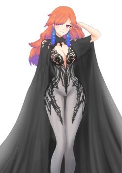 1girl absurdres black_bodysuit black_cape bodysuit breasts cape chronopattern_dress closed_mouth commentary earrings english_commentary feather_earrings feathers highres hololive hololive_english jewelry large_breasts looking_at_viewer multicolored_hair orange_hair purple_eyes purple_hair shirohodo simple_background smile solo takanashi_kiara two-tone_hair virtual_youtuber white_background