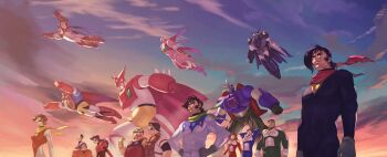 5girls 6+boys akiyama_tsubaki benkei_kuruma black_getter cape clenched_hands daidou_gai drill fat fat_man flying getter-1 getter_dragon getter_go getter_rekka getter_robo getter_robo_(classic) getter_robo_daikessen! getter_robo_g getter_robo_go gloves green_scarf grey_gloves hair_behind_ear highres ichimonji_gou jin_hayato looking_up mecha mizuki_akane multiple_boys multiple_girls musashi_tomoe nagare_ryoma pilot_suit red_cape robot saotome_michiru scarf science_fiction shibasaki_kaede shin_getter-1 shin_getter_robo smile spikes super_robot tachibana_shou vldhomecenter yellow_eyes
