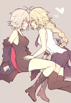 2girls ahoge bare_shoulders belt black_belt black_boots black_bow black_dress black_necktie black_thighhighs blonde_hair blue_eyes blue_jacket blue_shorts blush boots bow braid breasts collared_shirt commentary dress dual_persona fate/grand_order fate_(series) feet_out_of_frame fingernails from_side full_body fur-trimmed_jacket fur-trimmed_sleeves fur_trim grey_background grey_hair hair_between_eyes hair_bow heart jacket jacket_partially_removed jeanne_d'arc_(fate) jeanne_d'arc_(girl_from_orleans)_(fate) jeanne_d'arc_alter_(avenger)_(fate) jeanne_d'arc_alter_(fate) jeanne_d'arc_alter_(ver._shinjuku_1999)_(fate) kvlen large_breasts long_hair long_sleeves looking_at_another low-braided_long_hair low-tied_long_hair multiple_girls necktie open_clothes open_jacket open_mouth pale_skin pink_jacket purple_jacket selfcest shirt short_dress short_hair short_shorts shorts sidelocks simple_background single_braid sitting sleeveless sleeveless_dress smile sweatdrop thighhighs two-sided_fabric two-sided_jacket untranslatable_commentary very_long_hair white_shirt yellow_eyes yuri