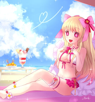 1girl absurdres ahira_yuzu alternate_costume beach blonde_hair breasts chaos_marie_(grimms_notes) cloud cloudy_sky grimms_notes highres long_hair medium_breasts ocean sky solo swimsuit