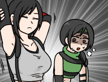 2girls armpits arms_behind_head black_bra black_gloves black_hair bra breast_envy breasts brown_eyes chest_strap closed_eyes closed_mouth crop_top elbow_gloves final_fantasy final_fantasy_vii final_fantasy_vii_rebirth final_fantasy_vii_remake fingerless_gloves gloves green_headband green_shirt headband large_breasts long_hair looking_at_another multiple_girls open_mouth s_m_man shaded_face shirt short_hair single_bare_shoulder single_shoulder_pad sleeveless sleeveless_shirt sleeveless_turtleneck sports_bra stretching suspenders sweat tifa_lockhart turtleneck underwear upper_body white_shirt yuffie_kisaragi