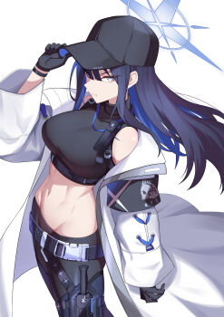 1girl abs absurdres adjusting_clothes adjusting_headwear bare_shoulders baseball_cap black_gloves black_hair black_hat black_pants black_sports_bra blue_archive blue_eyes blue_hair blue_halo breasts closed_mouth colored_inner_hair commentary_request gloves hair_between_eyes halo hat highres jacket kurosaki_saya large_breasts long_hair looking_at_viewer multicolored_hair navel open_clothes open_jacket pants revision saori_(blue_archive) serious solo sports_bra stomach toned two-tone_hair white_jacket