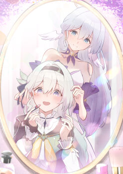 2girls bare_shoulders black_bridal_gauntlets black_hairband blue_hair bridal_gauntlets commentary_request cosmetics detached_sleeves earrings firefly_(honkai:_star_rail) grey_hair hair_ornament hairband hands_in_another&#039;s_hair hands_up head_wings highres holding holding_lipstick_tube honkai:_star_rail honkai_(series) jewelry lipstick_tube long_hair long_sleeves looking_at_another mashiro_(user_65392488) mirror multiple_girls open_mouth parted_lips reflection reflection_focus robin_(honkai:_star_rail) short_sleeves single_bridal_gauntlet single_earring smile wings