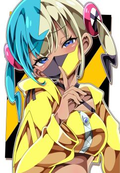 1girl aqua_hair black_mask blonde_hair canari_(pokemon) criss-cross_halter finger_to_another&#039;s_mouth hair_ornament halterneck highres jacket mask mouth_mask multicolored_hair nintendo pokemon pokemon_legends:_z-a shiki_(kisikisi1007) short_twintails split-color_hair twintails two-tone_hair two-tone_mask yellow_jacket yellow_mask
