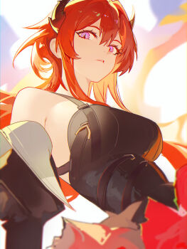 1girl arknights arknights:_endfield black_dress black_horns black_sleeves breasts commentary demon_girl demon_horns detached_sleeves distr dress english_commentary from_below hair_intakes highres horns laevatein_(arknights) large_breasts long_hair looking_at_viewer parted_lips purple_eyes red_hair solo surtr_(arknights) white_background