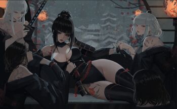 5girls armor black_gloves black_hair black_leotard black_thighhighs breasts closed_eyes commentary english_commentary gloves grey_hair groin hair_bun highres holding holding_sword holding_weapon indoors japanese_armor japanese_clothes katana kote large_breasts leg_tattoo leotard lying medium_hair multiple_girls neo_(neorarty3) on_side original pink_lips red_lips scar scar_on_face shoulder_tattoo sidelocks single_hair_bun sword tattoo thighhighs weapon white_hair