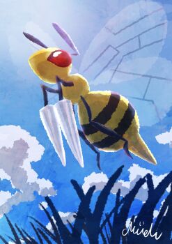 Rule 34 | antennae, bee, beedrill, blue sky, bug, cloud, commentary request, gen 1 pokemon, highres, insect, insect wings, mude0530, nintendo, no humans, outdoors, pokemon, pokemon (creature), pokemon focus, red eyes, sky, solo, stinger, wings