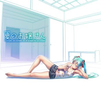 Rule 34 | 2girls, animated, animated gif, aqua hair, barefoot, black camisole, blonde hair, brown shorts, camisole, commentary request, denim, denim shorts, food, food in mouth, getting up, groin tendon, hairband, hatsune miku, holding, holding food, holding popsicle, indoors, kagamine rin, long hair, lying, motion lines, multiple girls, popsicle, popsicle in mouth, short hair, short shorts, shorts, slideshow animation, square hair ornament, tank top, title, twintails, very long hair, vocaloid, white hairband, white tank top, wokada