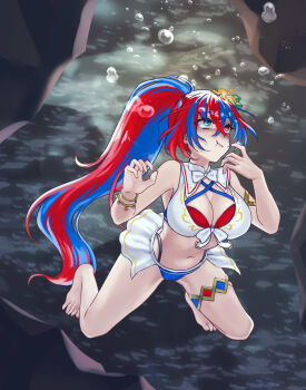 1girl absurdres air_bubble armlet asphyxiation bikini blue_bikini blue_hair breasts bubble cleavage closed_eyes criss-cross_halter crossed_bangs diving drowning female_alear_(fire_emblem) female_alear_(seaside_dragon)_(fire_emblem) fire_emblem fire_emblem_engage fire_emblem_heroes freediving gold_armlet gold_thighlet halterneck hazuki_(nyorosuke) highres holding_breath jewelry large_breasts large_variant_set long_hair multicolored_bikini multicolored_hair multicolored_swimsuit nintendo official_alternate_costume official_alternate_hairstyle peril ponytail red_bikini red_hair showgirl_skirt solo split-color_hair struggling submerged swimming swimsuit thighlet two-tone_hair underwater variant_set very_long_hair white_bikini