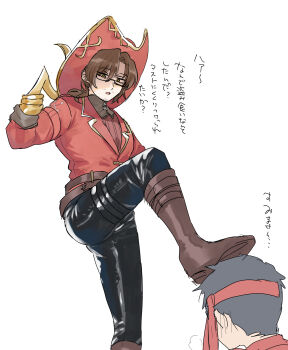 2boys absurdres alternate_costume ass beard_stubble belt black-framed_eyewear black-framed_glasses black_hair black_pants boot_straps boots breath brown_belt brown_boots brown_gloves brown_hair buckle collared_jacket contrast_collar facial_hair feet_up foot_on_another's_head foot_on_head foot_out_of_frame formal_clothes from_below from_side glasses gloves gold_trim gregor_(project_moon) hair_between_eyes hair_intakes half-closed_eyes hand_on_own_hip hand_up hat headband heavy_breathing highres hook hook_hand jacket kikkoinu knee_boots knee_up kneeling lapels leather leather_pants leg_lift leg_up limbus_company long_hair long_sleeves looking_at_another looking_down low_ponytail male_focus multiple_belts multiple_boys notched_lapels official_alternate_costume open_mouth pants parted_bangs photoshop_(medium) pirate pirate_hat ponytail project_moon rectangular_eyewear red_hat red_headband red_jacket red_shirt ribbed_shirt sanpaku semi-rimless_eyewear shaded_face shiny_clothes shirt short_hair simple_background single_glove sketch skin_tight skin_tight_pants solo_focus standing standing_on_one_leg strap stubble thigh_strap tight_clothes tight_pants translation_request twinhook_pirates_(identity)_(project_moon) under-rim_eyewear weapon white_background yaoi yellow_eyes