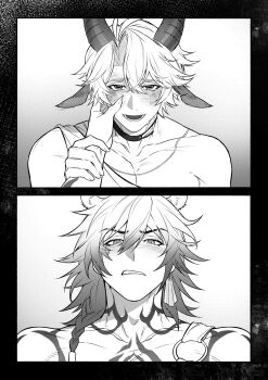 Rule 34 | 2boys, animal ears, antenna hair, black choker, black coat, blush, braid, choker, clawed gauntlets, coat, earrings, fsh887624596321, greyscale, hand on another's face, highres, holding another's wrist, honkai: star rail, honkai (series), horns, jewelry, lion boy, lion ears, male focus, medium hair, monochrome, multiple boys, mydei (honkai: star rail), neck tattoo, parted bangs, phainon (honkai: star rail), sheep boy, sheep ears, sheep horns, short hair, side braid, sun symbol, sun tattoo, tan, tattoo, yaoi