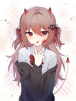 Rule 34 | 1girl, :q, ahoge, black cardigan, blood, blood on cheek, blood on hands, blood spray, bow, bowtie, broken heart, broken heart hair ornament, brown hair, cardigan, collared shirt, demon horns, demon tail, evil neuro-sama, finger to own chin, hair between eyes, hair intakes, hair ornament, hair ribbon, hand up, heart, highres, horns, long hair, long sleeves, neuro-sama, off-shoulder cardigan, orange eyes, red bow, red bowtie, red ribbon, ribbon, school uniform, shirt, skull hair ornament, solo, tail, tongue, tongue out, torn bowtie, torn hair ribbon, two side up, upper body, v-shaped eyebrows, vedal ai, white background, white shirt, yebiyo1206