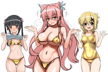 3girls :o ^^^ absurdres akatsuki_kirika arms_up bikini black_hair blonde_hair blue_eyes blunt_bangs blush bob_cut breasts bug butterfly cleavage clothes_lift collar commentary_request covered_navel double-parted_bangs embarrassed flashing floating_hair gold_bikini gold_one-piece_swimsuit golden_week green_eyes groin hair_between_eyes hair_ears hair_ornament hair_tie highres insect kuru_t918 large_breasts lifting_own_clothes long_hair long_sidelocks looking_at_viewer maria_cadenzavna_eve medium_hair micro_bikini motion_lines multiple_girls navel one-piece_swimsuit open_hands open_mouth petite pink_hair pose_request presenting_own_breasts purple_eyes senki_zesshou_symphogear shirt shirt_lift short_sleeves sideboob sidelocks sigh simple_background small_breasts smile stomach swimsuit tsukuyomi_shirabe twintails twitter_username underboob underwear upper_body very_long_hair watermark waving wavy_sidelocks white_background white_shirt wispy_bangs x_hair_ornament