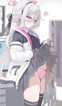1girl aqua_necktie black_hairband black_jacket black_thighhighs blazer blue_archive closed_mouth clothes_lift collared_shirt cowboy_shot facing_to_the_side from_side hair_between_eyes hairband halo highres houraku indoors jacket kei_(blue_archive) kei_(new_body)_(blue_archive) loli long_hair looking_at_viewer multicolored_jacket necktie open_clothes open_jacket panties pink_eyes pink_halo pink_jacket pink_panties red_eyes shirt skindentation skirt skirt_lift small_sweatdrop solo thighhighs thighs underwear white_hair white_jacket white_shirt