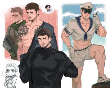 2boys bare_pectorals beard_stubble belt black_belt blue_neckerchief blush brown_hair chris_redfield cloud commentary crop_top english_commentary facial_hair green_scarf gun heart highres holding holding_gun holding_smoking_pipe holding_weapon image_in_thought_bubble looking_to_the_side male_focus midriff multiple_boys multiple_views neckerchief official_alternate_costume pectorals piers_nivans resident_evil resident_evil_6 resident_evil_village sailor scarf short_hair shorts shoulder_tattoo sideways_glance smoking_pipe speech_bubble stubble sunglasses tattoo thought_bubble tirtyturtle turtleneck weapon white_shorts yaoi