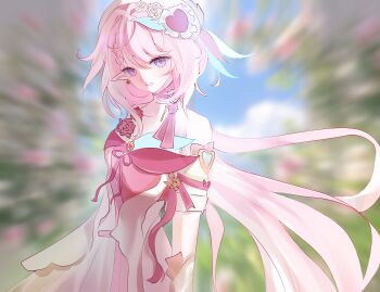 1girl absurdres bare_shoulders beret breasts chinese_commentary commentary_request diamond-shaped_pupils diamond_(shape) dress earrings elf elysia_(hi_love_elf)_(honkai_impact) elysia_(honkai_impact) emphasis_lines hat heart heart_earrings highres honkai_(series) honkai_impact_3rd jewelry large_breasts long_hair looking_at_viewer mo_gangzi pink_hair pointy_ears purple_eyes red_dress smile solo symbol-shaped_pupils very_long_hair white_dress white_hair