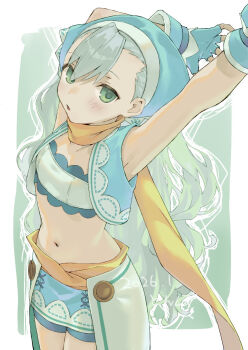 1girl armpits arms_up bandeau bike_shorts bike_shorts_under_skirt blush commentary crop_top dated flat_chest green_eyes green_hair headscarf highres karin_(rune_factory) long_hair looking_at_viewer midriff navel parted_lips rune_factory rune_factory_3 scarf shorts simple_background skirt solo stretching u7yrfedrjpe1cvb very_long_hair yellow_scarf