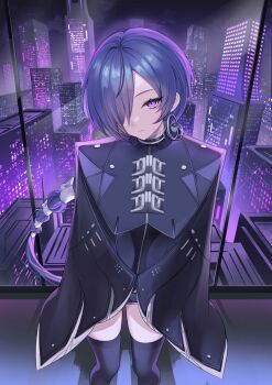 1girl absurdres black_boots black_coat boots building cityscape coat commentary_request earrings highres jewelry kmos long_hair looking_at_viewer promeia_(zenless_zone_zero) purple_eyes purple_hair skyscraper solo thighs very_long_hair zenless_zone_zero