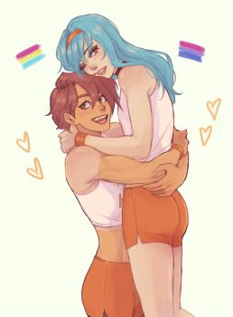 1boy 1girl bisexual_female bisexual_flag blue_hair borrowed_character brown_hair carrying carrying_person choker commentary couple crossdressing crossdressing_(mtf) english_commentary femboy_hooters_(meme) green_eyes hetero highres hooters long_hair meme midriff one_eye_closed open_mouth original pansexual_flag short_hair shorts smile tan tanline tomboy toned trap uniform z3nika