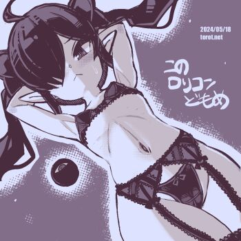 1girl :< ahoge armpits arms_behind_head backbeako_(torotei) backbeard blush bow bow_bra bow_panties bra breasts commentary dated dated_commentary dutch_angle garter_belt gegege_no_kitarou hair_over_one_eye hair_ribbon kono_lolicon_domome lingerie loli long_hair looking_at_viewer monochrome navel original paid_reward_available panties pointy_ears purple_background ribbon ribs simple_background small_breasts solo sweatdrop torotei translated twintails underwear underwear_only watermark web_address