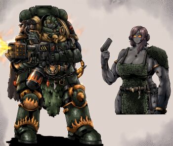 1girl absurdres adeptus_astartes apron armor black_skin breasts cleavage colored_sclera colored_skin dark_skin flamer flamethrower full_armor gauntlets genderswap genderswap_(mtf) helmet highres huge_breasts imperial_aquila muscular muscular_female octosoup orange_sclera pauldrons power_armor salamanders_(warhammer) shoulder_armor very_dark_skin warhammer_40k weapon white_eyes