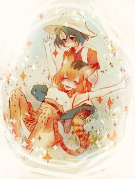 2girls :d ^_^ animal_ear_fluff animal_ears animal_print armpits arms_up backpack bag black_gloves black_hair black_pantyhose bow bowtie cat_ears cat_girl cat_tail closed_eyes closed_mouth commentary_request elbow_gloves friends gloves hand_on_another's_head happy headpat helmet indian_style kaban_(kemono_friends) kemono_friends leaning_back leaning_on_person looking_at_another looking_down miniskirt multiple_girls on_grass open_mouth orange_bow orange_bowtie orange_hair orange_thighhighs pantyhose pith_helmet print_bow print_bowtie reclining red_shirt serval_(kemono_friends) shirt short_hair short_sleeves shorts sitting skirt sleeveless smile sparkle sparkle_background tail thighhighs white_bag white_gloves white_shorts yayao