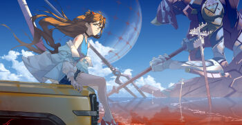 1girl absurdres blue_nails blue_tank_top breasts brown_hair choker cloud cloudy_sky commentary_request crop_top denim denim_shorts eva_02 evangelion_(mecha) floating_hair highres interface_headset_(evangelion) jacket jacket_partially_removed lance_of_longinus_(evangelion) long_hair midriff moon motor_vehicle neon_genesis_evangelion number_tattoo on_truck red_shoes red_water scenery shoes shorts sitting sky souryuu_asuka_langley tank_top tattoo tftady truck utility_pole white_jacket