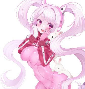17ho_10ban 1girl absurdres alice_(nikke) animal animal_ear_headphones animal_ears blush bodysuit breasts commentary_request covered_navel fake_animal_ears gloves goddess_of_victory:_nikke headphones headset highres impossible_bodysuit impossible_clothes jacket latex latex_bodysuit long_hair looking_at_viewer medium_breasts multicolored_gloves open_mouth pink_bodysuit pink_eyes pink_gloves pink_hair rabbit shrug_(clothing) skin_tight smile solo twintails two-tone_gloves