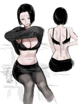 1girl back belly black_bra black_hair black_shirt black_skirt bra breasts cleavage closed_eyes clothes_lift fallsoki from_behind itadori_kaori jujutsu_kaisen kenjaku large_breasts multiple_views navel pantyhose pencil_skirt possessed possession removing_bra scar scar_on_face scar_on_forehead shirt shirt_lift short_hair sitting skirt smile stitches u_u underwear