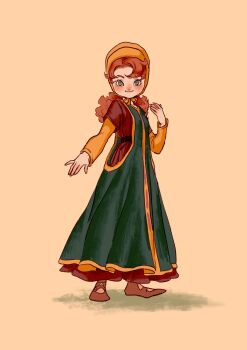 1girl closed_mouth curly_hair dragon_quest dragon_quest_vii dress full_body green_eyes highres hood long_hair looking_at_viewer maribel_(dq7) orange_hair simple_background smile solo uranagi_(uranaginasi)