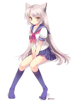 1girl animal_ears black_socks blush breasts collarbone full_body grey_hair kneehighs light_smile long_hair looking_at_viewer neckerchief original red_neckerchief revision school_uniform serafuku simple_background sitting skirt socks solo tokinon twitter_username yellow_eyes