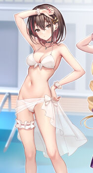 2girls bikini black_choker blonde_hair bracelet breasts brown_eyes brown_hair choker cleavage colored_inner_hair commentary_request danshi_kinsei_game_sekai_de_ore_ga_yarubeki_yuiitsu_no_koto_yuri_no_ma_ni_hasamaru_otoko_to_shite_tensei_shite_shimaimashita drill_hair earrings frilled_thigh_strap front-tie_bikini_top front-tie_top hair_ornament haishiki highres jewelry long_hair medium_breasts medium_hair multicolored_hair multiple_girls multiple_piercings navel necklace ophelia_von_margeline pool pool_ladder poolside red_nails sarong scrunchie see-through_clothes see-through_sarong swimsuit thigh_strap tsukiori_sakura very_long_hair white_bikini white_sarong white_scrunchie wrist_scrunchie