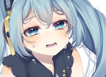 1girl aomidori_(em_em37) aqua_eyes aqua_hair black_shirt blush commentary_request crying crying_with_eyes_open hair_between_eyes hatsune_miku hatsune_miku_(nt) headphones highres long_hair lower_teeth_only open_mouth shirt sleeveless sleeveless_shirt solo tears teeth twintails very_long_hair vocaloid