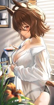 1girl agnes_tachyon_(umamusume) ahoge animal_ears black_panties breasts brown_hair cleavage closed_mouth coffee coffee_filter coffee_pot collared_shirt cup holding holding_cup horse_ears horse_girl horse_tail huge_ahoge lace lace_panties large_breasts looking_at_viewer mushrooming_man no_bra off_shoulder panties plant red_eyes see-through_clothes see-through_sleeves shelf shirt short_hair smile solo steam tail test_tube test_tube_rack umamusume underwear white_shirt wind window_blinds