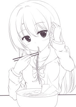 Rule 34 | 1girl, absurdres, adjusting hair, ayachi nene, blush, bow, bowtie, chopsticks, closed mouth, commentary request, eating, food, hair between eyes, hands up, highres, holding, holding chopsticks, jacket, long hair, long sleeves, looking at viewer, monochrome, noodles, ramen, sailor collar, sanoba witch, school uniform, segaxtu, serafuku, simple background, solo, straight hair, upper body, very long hair, white background
